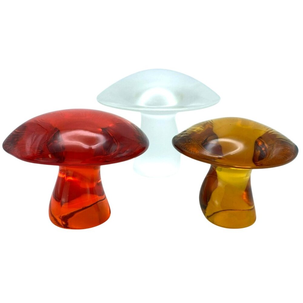 3 Viking Glass Mushrooms Persimmon Orange Amber Frosted Vintage MCM 60s 70s RARE